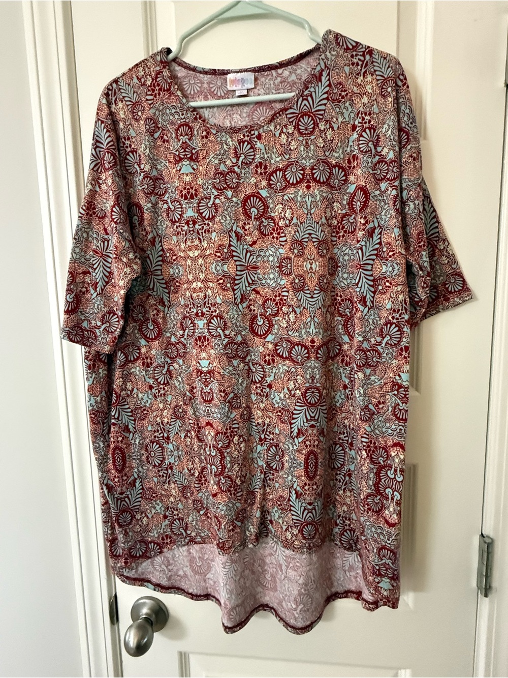 LuLaRoe Irma Tunic Top Size Medium Red and Blue Medallion Print